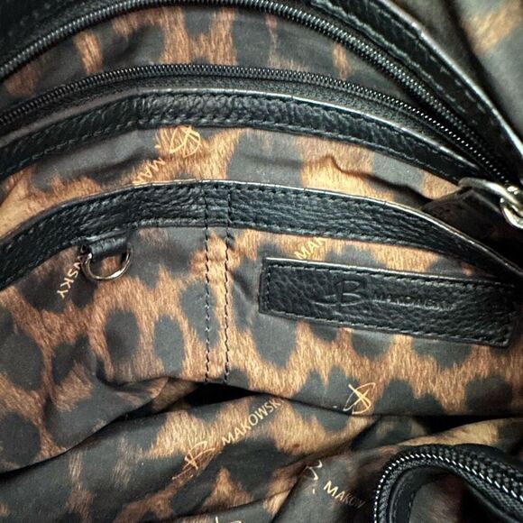 B. Makowsky Magnetic Flap Black Leather Metallic Gray Handles Shoulder Handbag - Picture 10 of 11